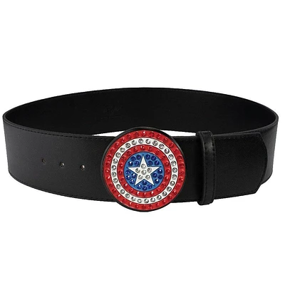 Buckle-Down Marvel Comics Captain America Shield with Crystal Rhinestones Black Vegan Leather Belt