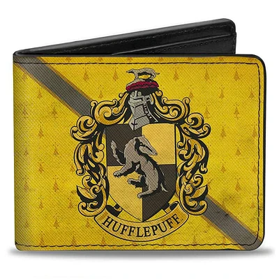 Buckle-Down The Wizarding World of Harry Potter Hufflepuff Crest Stripe Weathered Gold Brown Vegan Leather Wallet
