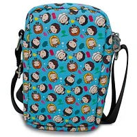 Buckle-Down Friends Chibi Character Kids and Icons Scattered Blue Vegan Leather Crossbody Bag