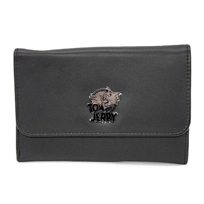 Buckle-Down Tom and Jerry Logo Metal Emblem Black Vegan Leather Foldover Wallet