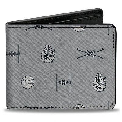 Buckle-Down Star Wars Death Star and Rebels Vehicles Cartoon Collage Men's Gray Vegan Leather Bifold Wallet