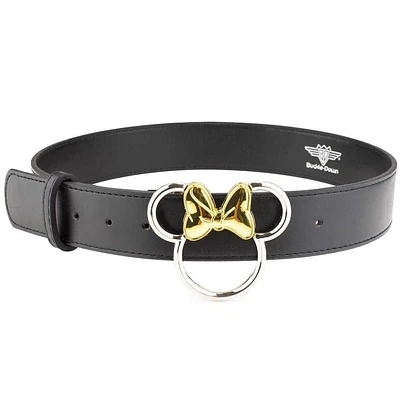 Buckle-Down Disney Minnie Mouse Ears Outline Silver with Gold Bow Unisex Black Vegan Leather Belt