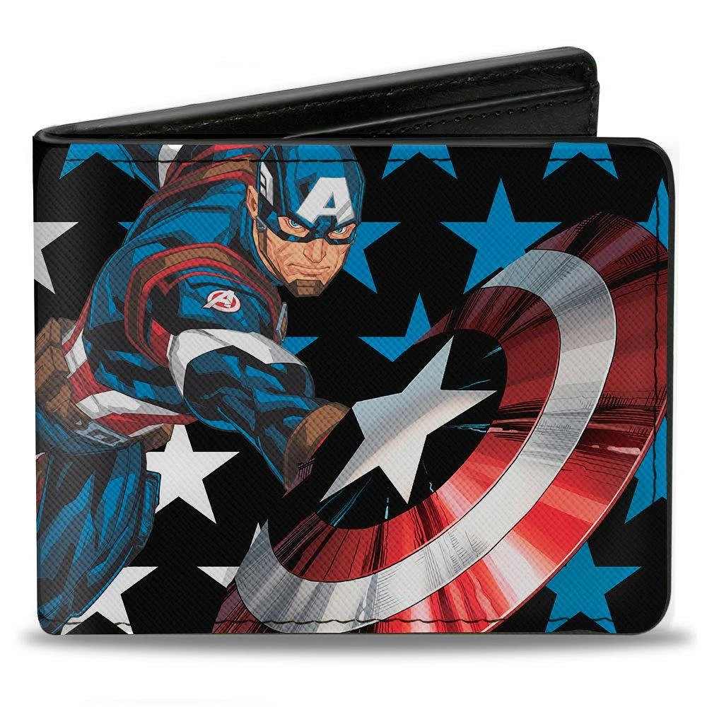 Buckle-Down Marvel Comics Captain America Throwing Shield Stars Men's Vegan Leather Bifold Wallet