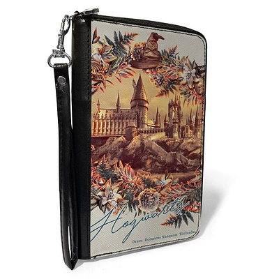 Buckle-Down Harry Potter Hogwarts Castle Floral Collage Gray Vegan Leather Zip Around Wallet