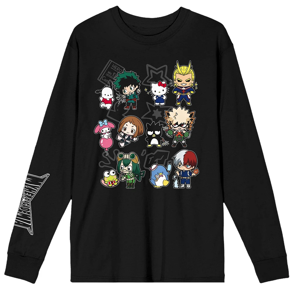 Hello Kitty and My Hero Academia Anime Cartoons Men's Black Long Sleeve T-Shirt