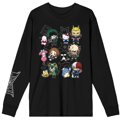 Hello Kitty and My Hero Academia Anime Cartoons Men's Black Long Sleeve T-Shirt