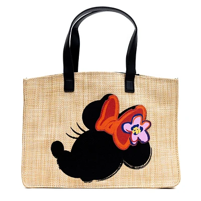 Buckle-Down Disney Minnie Mouse Raffia Straw Small Tote Bag with Piping Edge and Detachable Strap