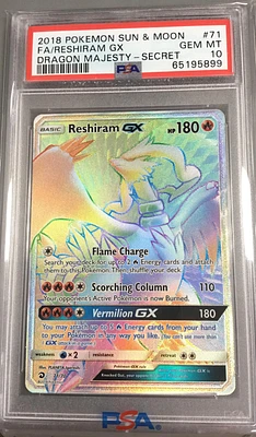 2018 Pokemon Sun & Moon Dragon Majesty 71 Full Art/reshiram Gx Secret PSA 10