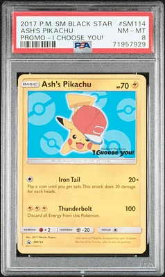 2017 Pokemon Sm Black Star Promo Sm114 Ash's Pikachu I Choose You! PSA 8