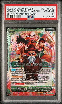 2022 Dragon Ball Super Card Game Series 18 Dawn Of The Z-legends Bt18-059 Master Roshi/son Goku, Krillin, Yamcha, & Master Roshi, Reunited Pre-release PSA 10