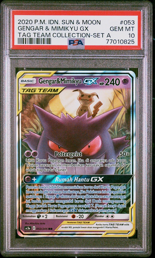 GameStop 2020 Pokemon Indonesian Sun & Moon Tag Team Collection 053 Gengar  & Mimikyu Gx Set A PSA 10 at Foxvalley Mall in Aurora, IL