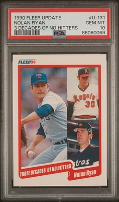 1990 Fleer Update U-131 Nolan Ryan 3 Decades Of No Hitters PSA 10