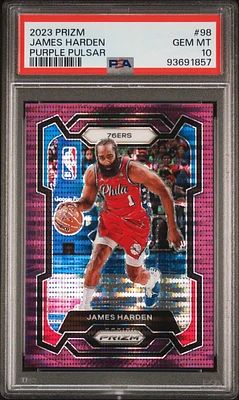 2023 Panini Prizm 98 James Harden Purple Pulsar PSA 10