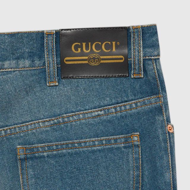 GUCCI - Leather-Trimmed Logo-Jacquard Denim Jeans - Blue Gucci