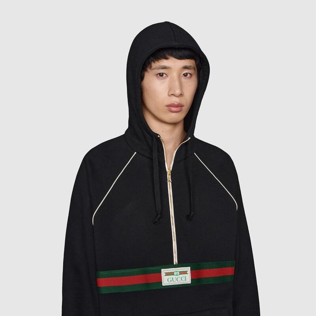 Logo web half-zip cotton jersey hoodie - Gucci - Men