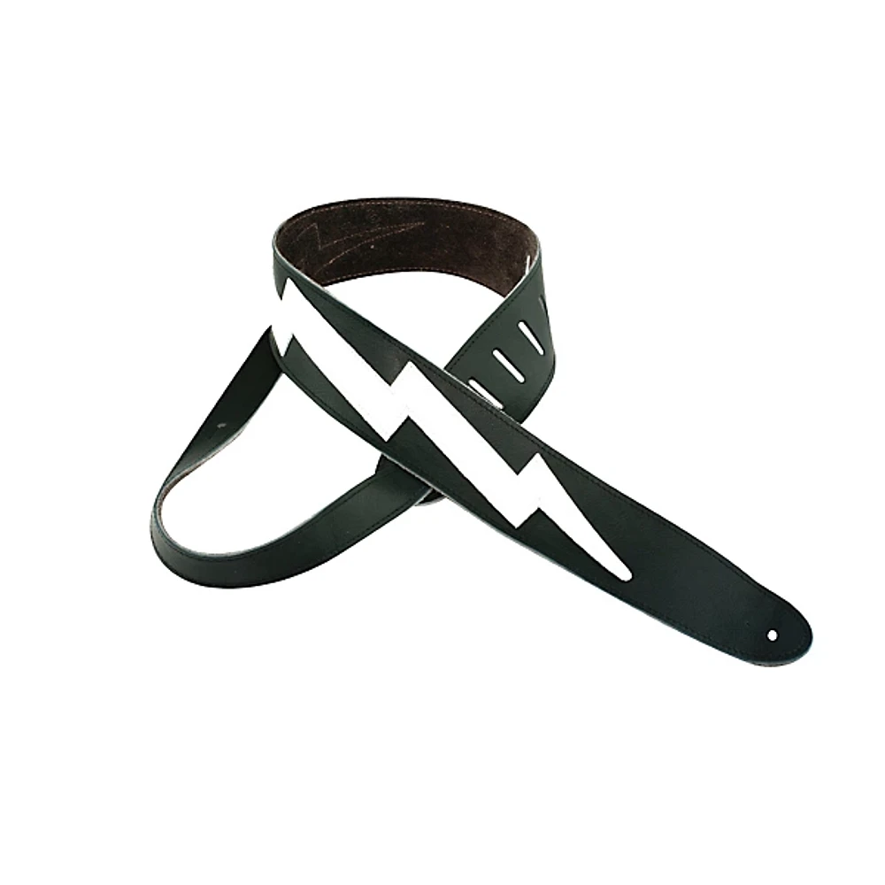 Perri's 2.5" Italian Leather Guitar Strap With Lightning Bolt Black/White