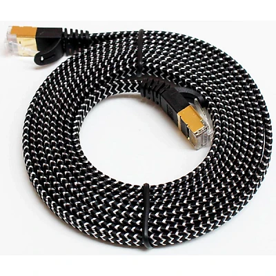 Tera Grand CAT7 10 Gigabit Ethernet Ultra Flat Braided Cable, Black/White 6 ft. Black and White
