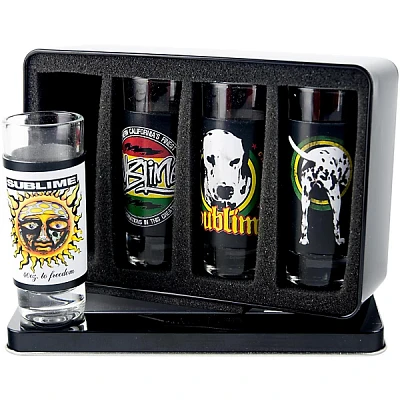 Iconic Concepts 4 Piece Sublime Shot Glass Set with Full Color Printed Removeable Aluminum Sleeves in Tin