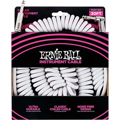 Ernie Ball Coiled Ultraflex Straight-Angle Instrument Cable - White 30 ft.
