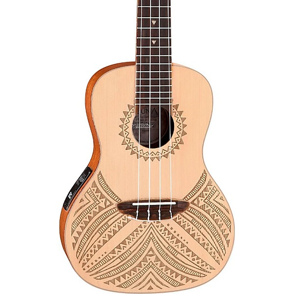 Open Box Luna Concert Solid Spruce Top Tapa Design Acoustic Electric Ukulele Level 1 Natural