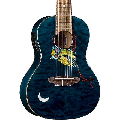 Luna Owl Quilt Top Concert Acoustic-Electric Ukulele Transparent Blue
