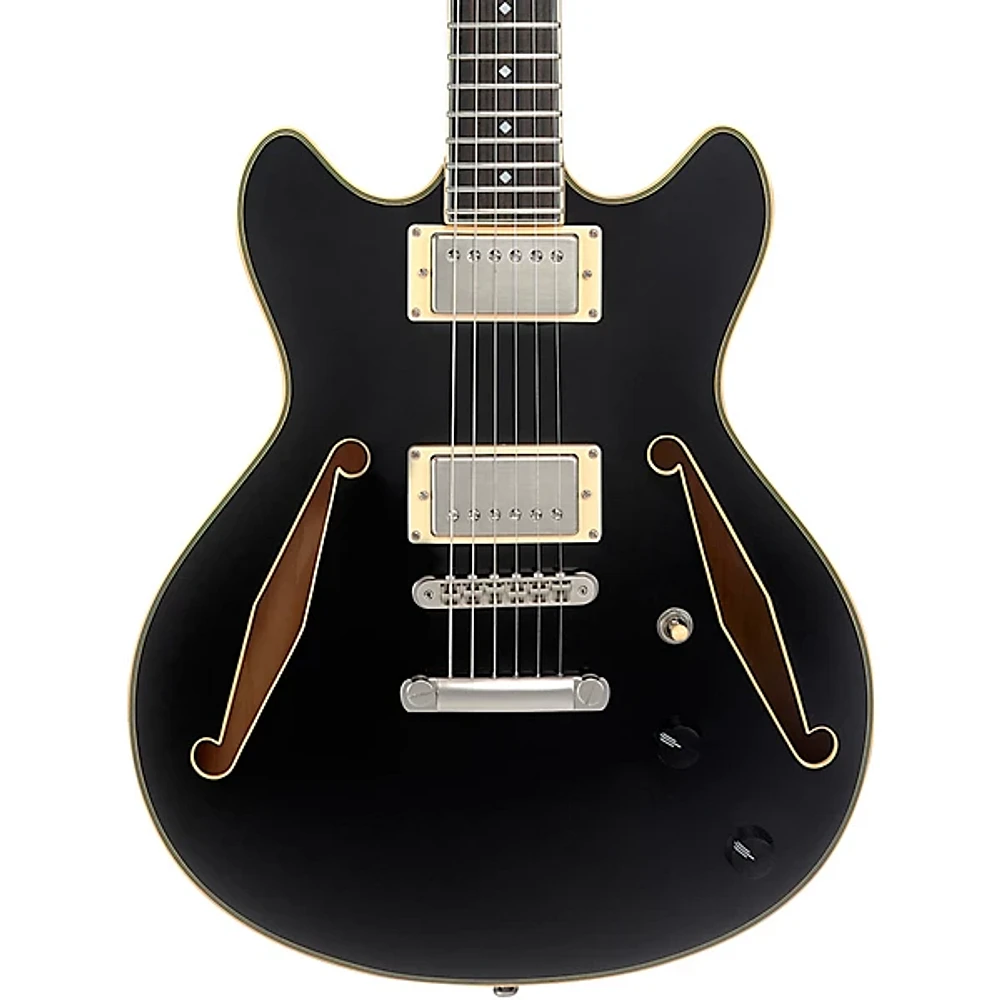 D'Angelico Excel Mini DC Tour Semi-Hollow Electric Guitar With Supro Bolt Bucker Pickups and Stopbar Tailpiece Solid Black