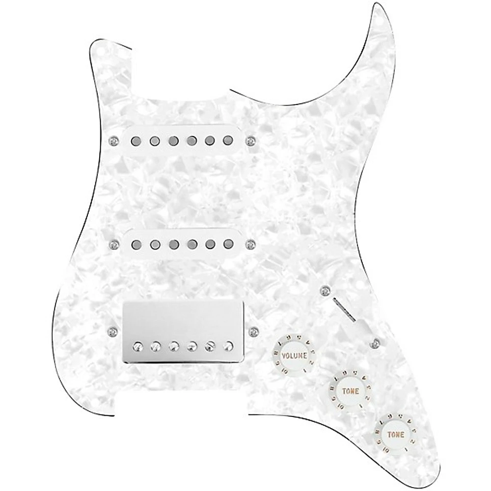 920d Custom HSS Loaded Pickguard For Strat With A Nickel Cool Kids Humbucker, White Texas Grit Pickups and Black Knobs White Pearl