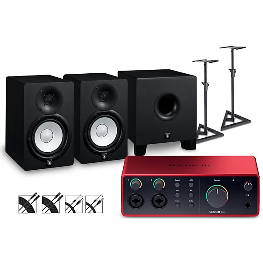 Focusrite Scarlett 4i4 Gen 4 with Yamaha HS Studio Monitor Pair & HS8S Subwoofer Bundle (Stands & Cables Included) HS7