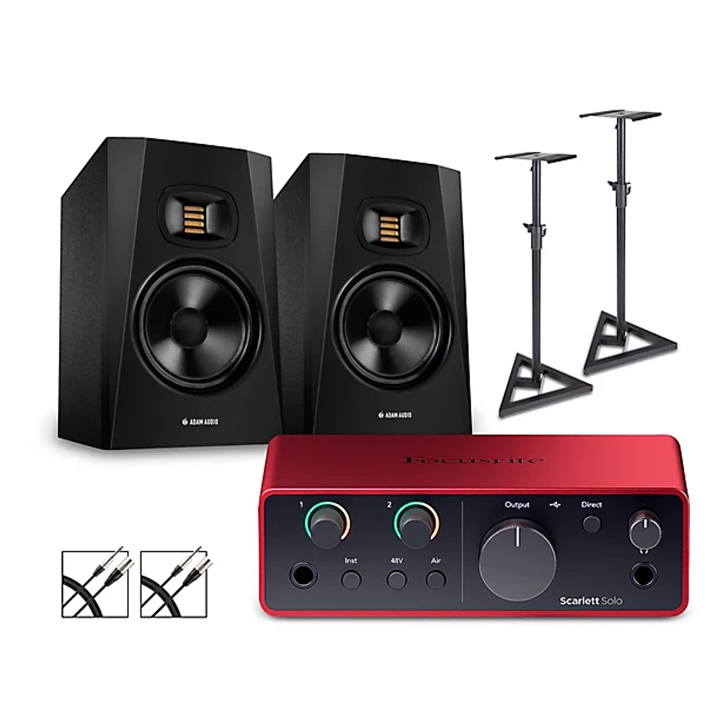 Focusrite Scarlett Solo Gen 4 with Adam Audio T-Series Studio Monitor Pair Bundle (Stands & Cables Included) T7V