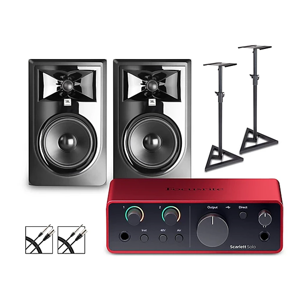 Focusrite Scarlett Solo Gen 4 with JBL 3 Series Studio Monitor Pair Bundle (Stands & Cables Included) 306MKII