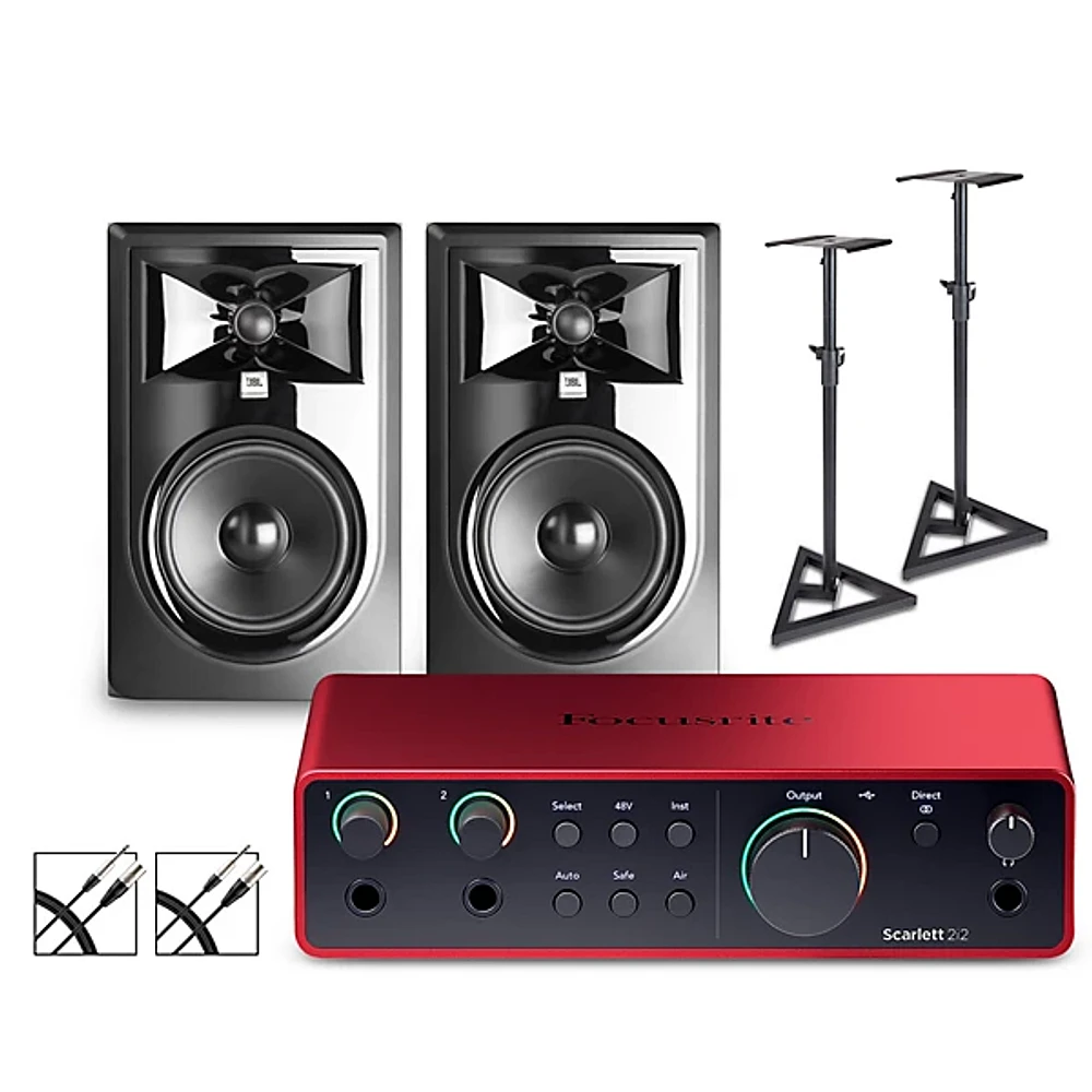 Focusrite Scarlett 2i2 Gen 4 with JBL 3 Series Studio Monitor Pair Bundle (Stands & Cables Included) 306MKII