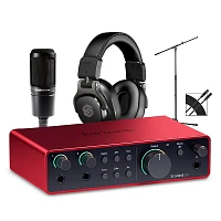 Focusrite Scarlett 2i2 Gen 4 with Audio-Technica Microphone & Sterling Studio Headphone Package (Stand & Cable Included)