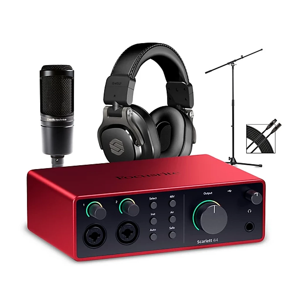 Focusrite Scarlett 4i4 Gen 4 with Audio-Technica Microphone & Sterling Studio Headphone Package (Stand & Cable Included)