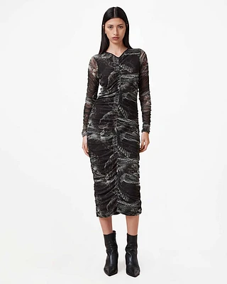 Keiko Mesh Gathered V-Neck Midi Dress