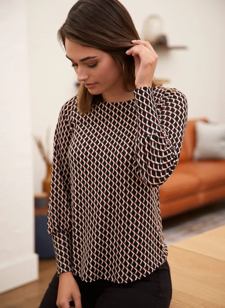 Puff Sleeve Geometric Print Top