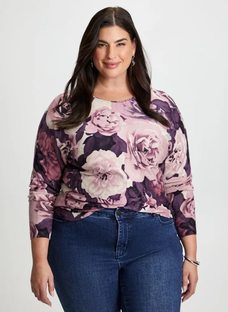 Dolman Sleeve Floral Print Sweater