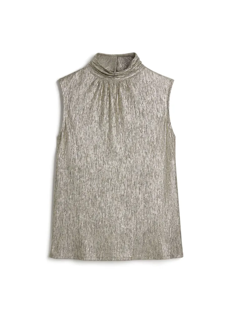 Mock Neck Metallic Plisse Top