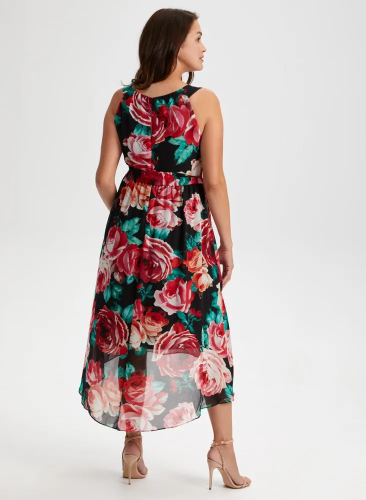 Rose Print High-Low Midi Dress