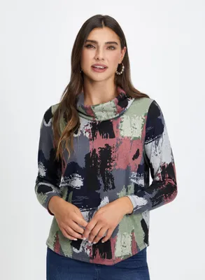 Camouflage Print Cowl Neck Top