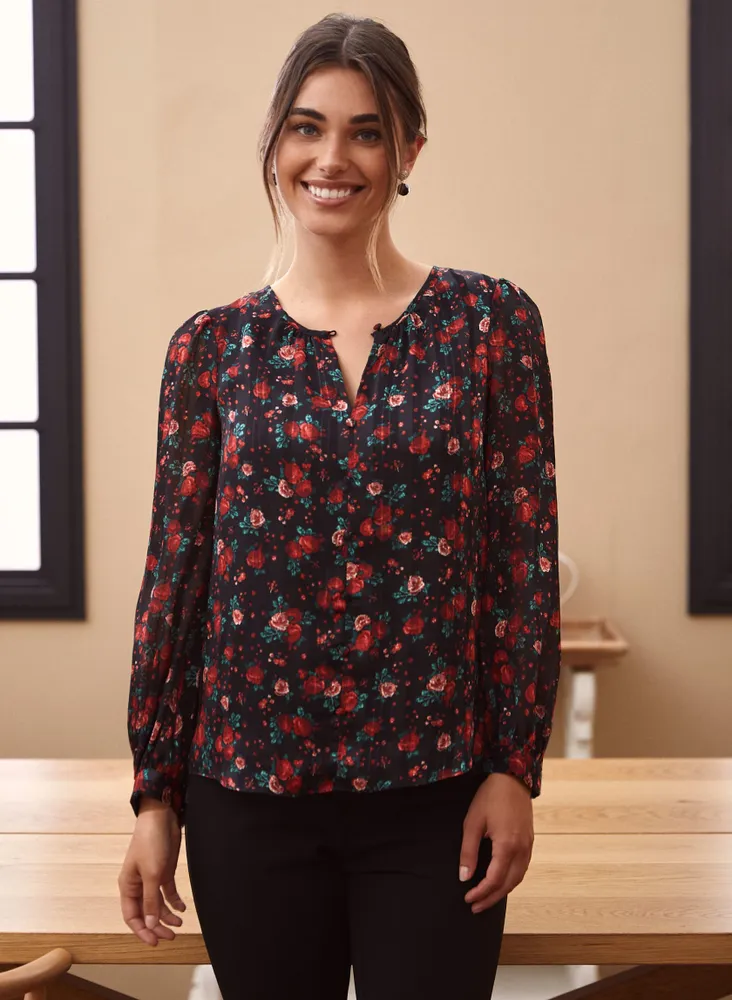 Rose Motif Button-Down Blouse