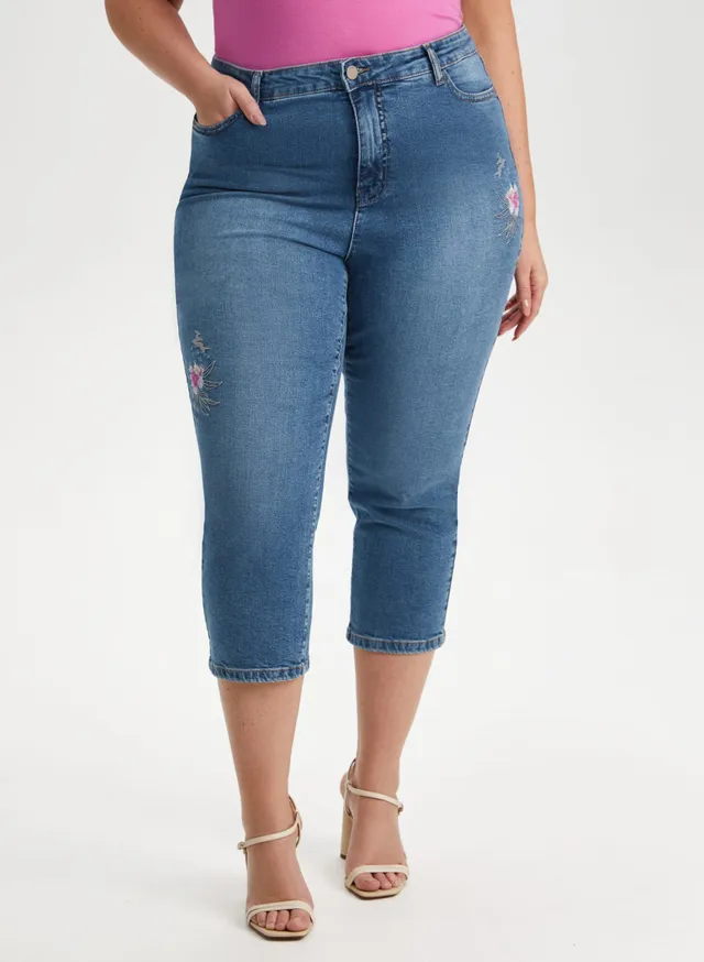 Rhinestone Detail Cuffed Denim Capris