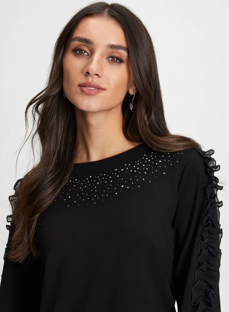 Ruffle Sleeve Rhinestone Embellished Top