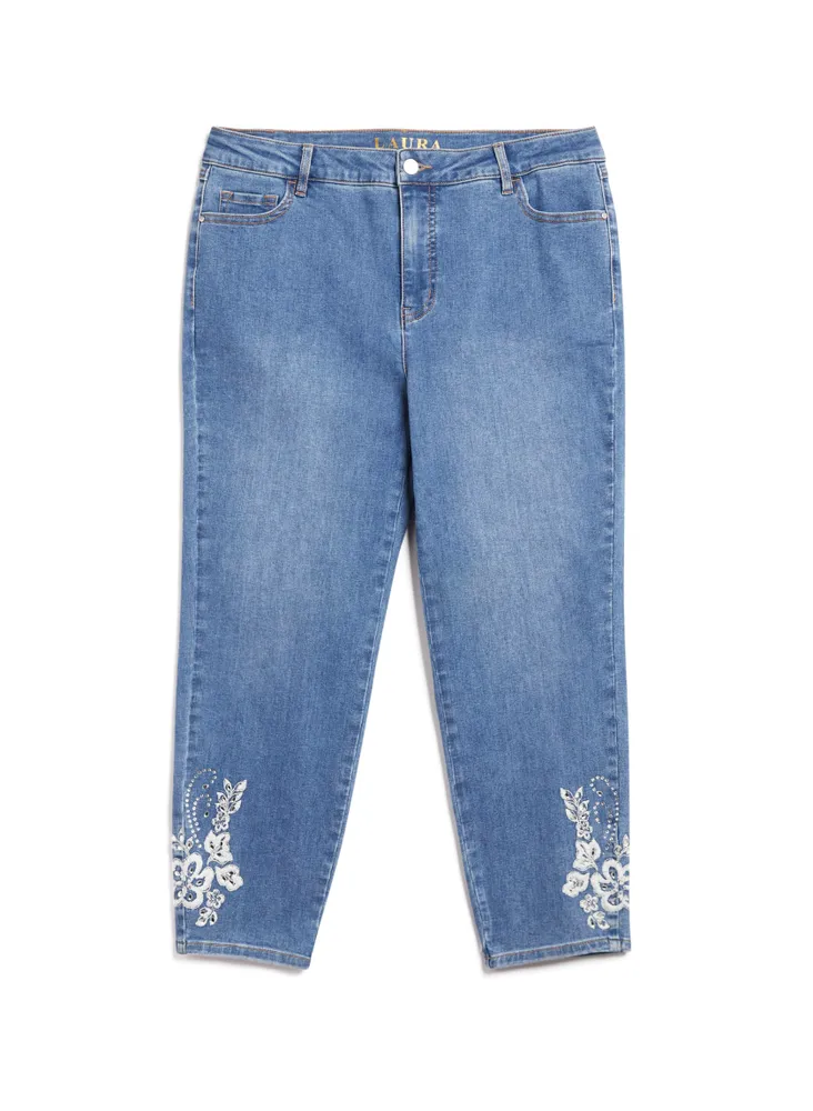 Embroidered Slim Leg Denim Capris