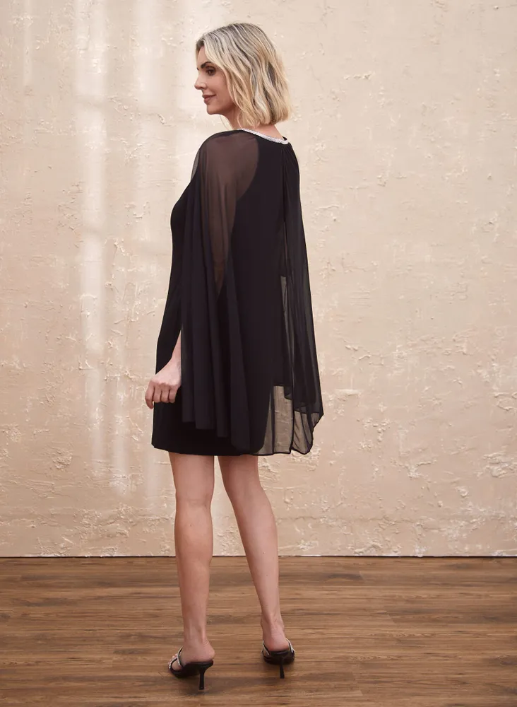 Rhinestone Neck Chiffon Cape Dress