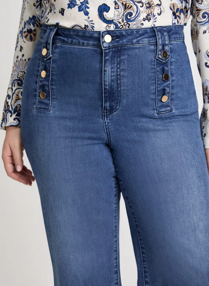 Button Detail Wide Leg Jeans