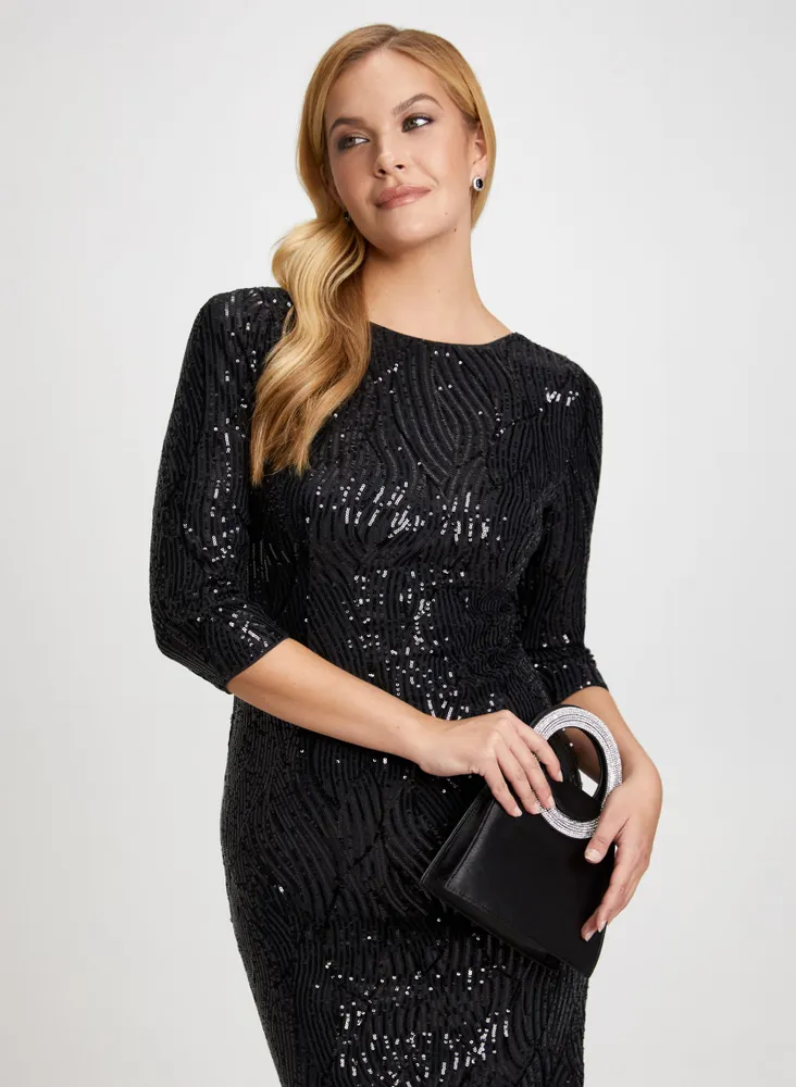 Sequinned V-Back Sheath Dress