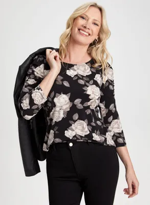 3/4 Sleeve Rose Print Top