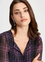 Keyhole Detail Plaid Print Blouse