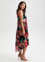 Rose Print High-Low Midi Dress