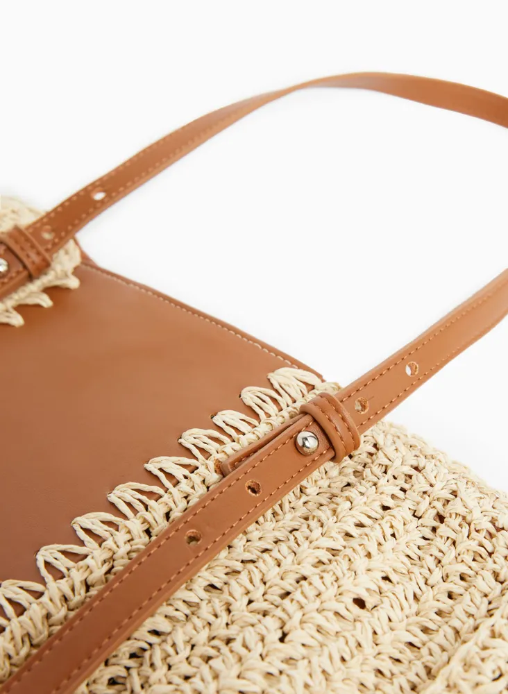 Straw & Vegan Leather Tote